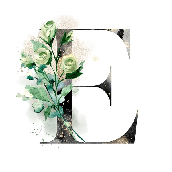 El çizimi suluboya resim, büyük harf E ve çiçek elementleri.