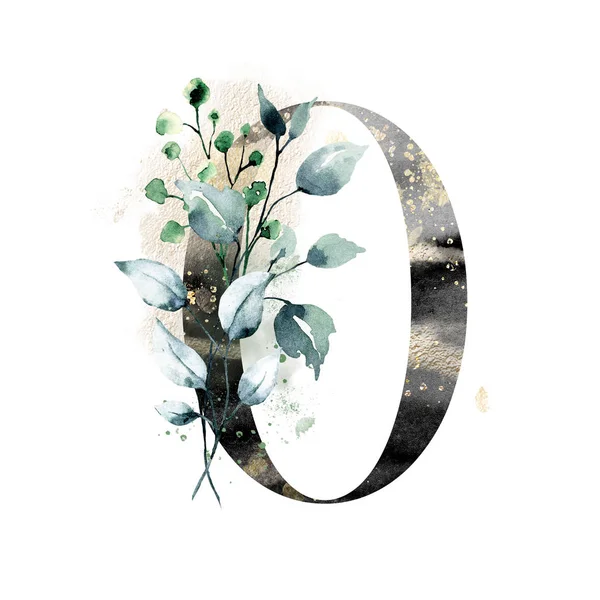 number 0 on white background, with flowers and leaves made with watercolor, floral monogram