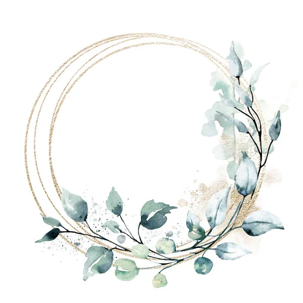 Floral Gold Frame Border Watercolor Flowers Perfectly Wedding Birthday Party — 스톡 사진