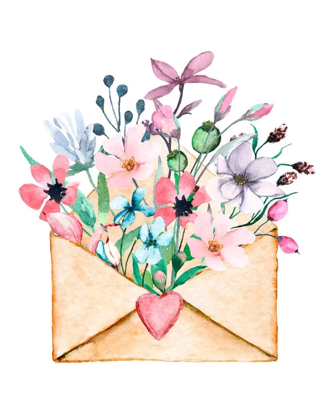 beautiful blossoming spring flowers inside letter, valentines day concept, watercolor drawing