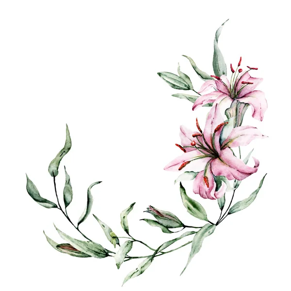 Handritade Liljor Med Blad Akvarell Konst Målning — Stockfoto