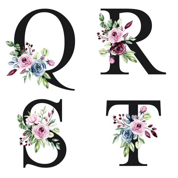 floral alphabet, letters Q, R, S, T with watercolor flowers, creative art design, monogram initials