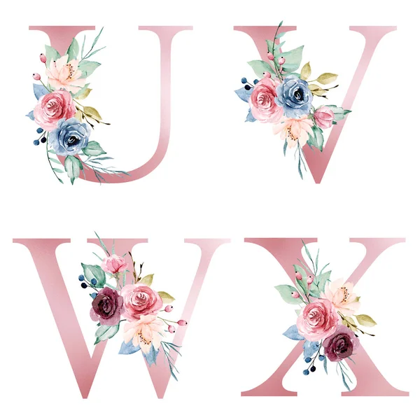 floral alphabet, letters U, V, W, X with watercolor flowers, creative art design, monogram initials