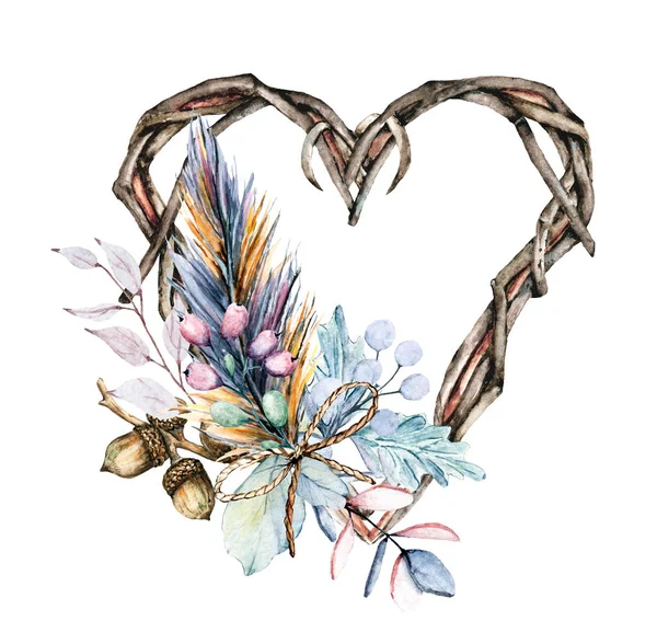 Watercolor frame heart with different floral elements on white background