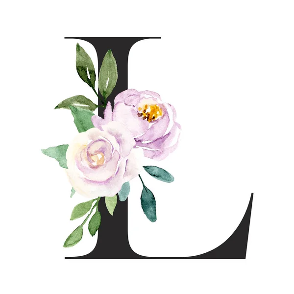 Aquarellmalerei Buchstabe Mit Blumen Und Blättern Florales Alphabet — Stockfoto