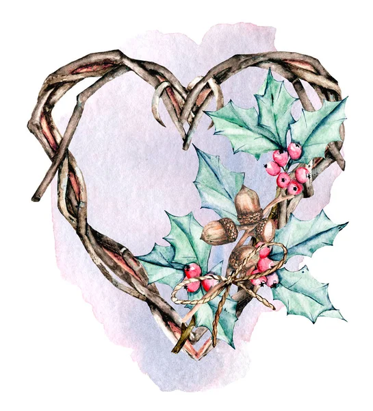 Çiçekli suluboya kalp çelengi, romantik dekorasyon, el çizimi.