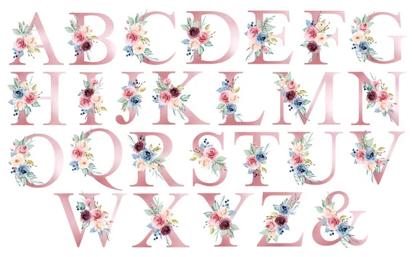 alphabet with floral elements, art watercolor painting letters with flowers and leaves