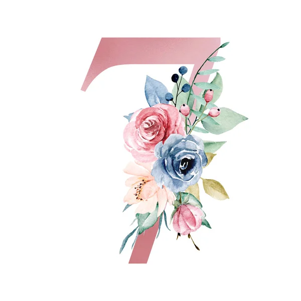 Elegant Rosa Färg Nummer Med Blommiga Element Vit Bakgrund — Stockfoto