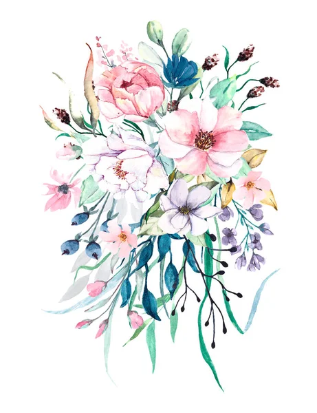 Suluboya resim, beyaz arka planda güzel bahar çiçekleri, çiçek konsepti