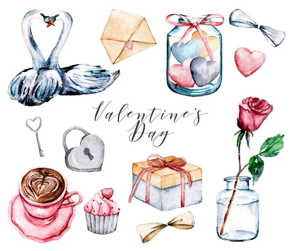 Valentine\'s Day decoration, watercolor drawing, greeting cards design. Love story. Set isolated on white.