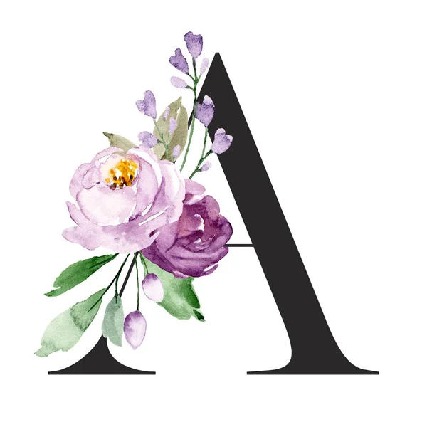 Acuarela Arte Pintura Letra Con Flores Hojas Alfabeto Floral — Foto de Stock