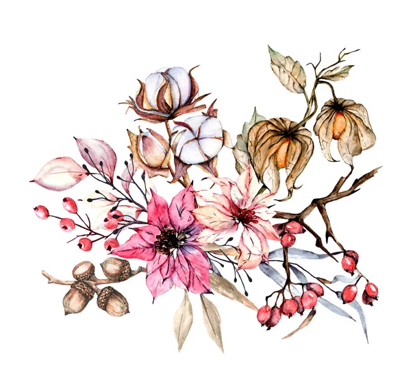 Çiçekli, pamuklu, fincanlara basmak için meşe palamudu, duvar kağıtları, kartlar, davetiyeler, web tasarımı, afişler, sosyal ağlar, posterler ve diğerleri. Suluboya, beyaz üzerine izole.