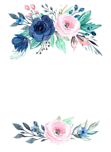 Çiçek çerçeveli suluboya çerçeve kenarı yazı için, elle boyanmış. Beyaz arkaplanda izole.