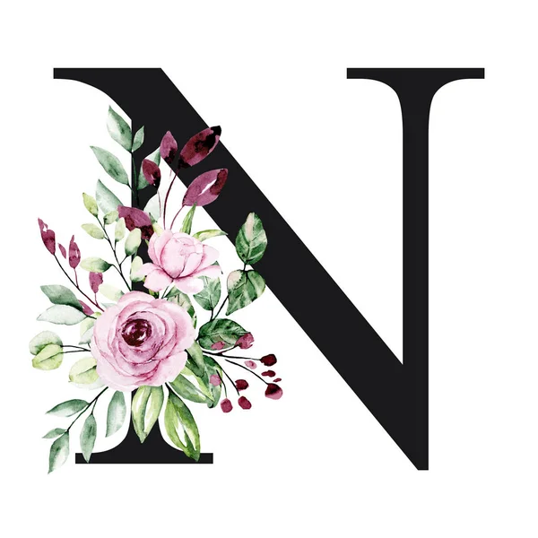 El çizimi suluboya resim, büyük harf N ve çiçek elementleri.