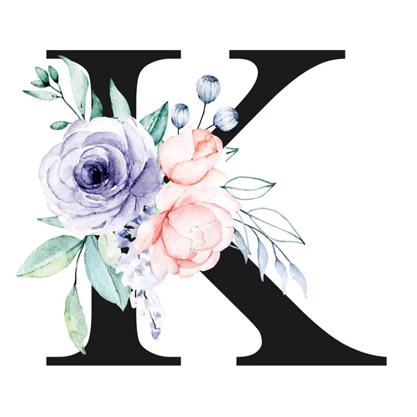 suluboya çiçekli ve yapraklı güzel bir K harfi.