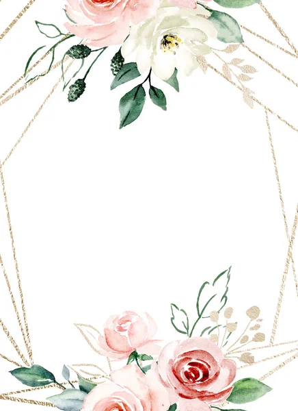 Floral Gold Frame Border Watercolor Flowers Perfectly Wedding Birthday Party — 스톡 사진