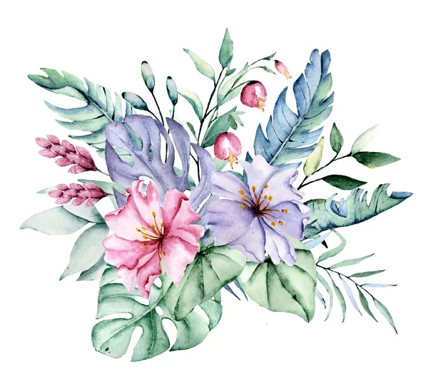 Beautiful Watercolor Flowers Botanic Composition Wedding Greeting Card — 图库照片