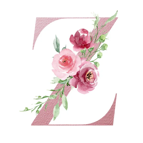 Watercolor Art Painting Letter Flowers Leaves Floral Alphabet — 스톡 사진