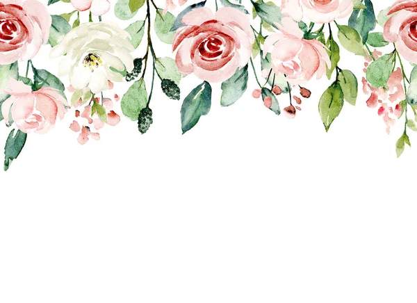 Watercolor Floral Frame Border Place Text Hand Painted Isolated White — 스톡 사진