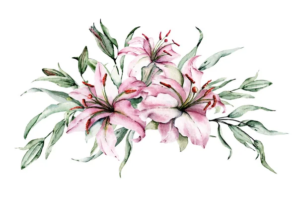 hand drawn lilies with leaves, watercolor art painting