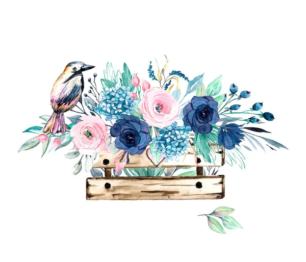 Yapraklı suluboya çiçekler, çiçek boyama konsepti.