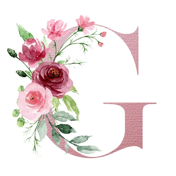 suluboya resim, çiçek ve yapraklı G harfi, çiçek alfabesi.