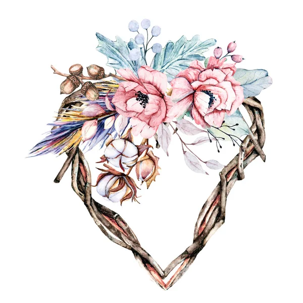 Çiçekli suluboya kalp çelengi, romantik dekorasyon, el çizimi.