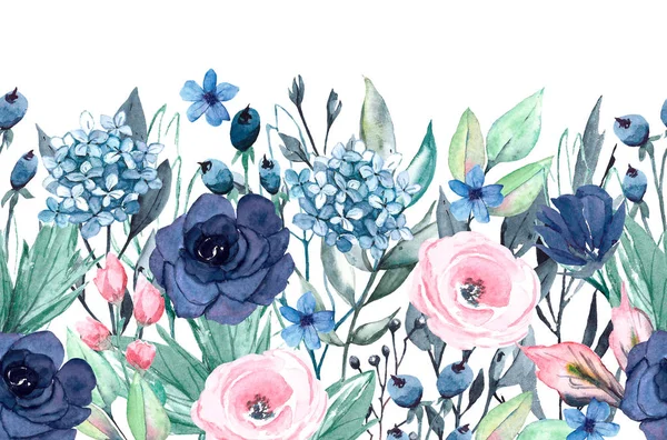 Mooie Bloemige Compositie Met Aquarel Geschilderde Bloemen — Stockfoto