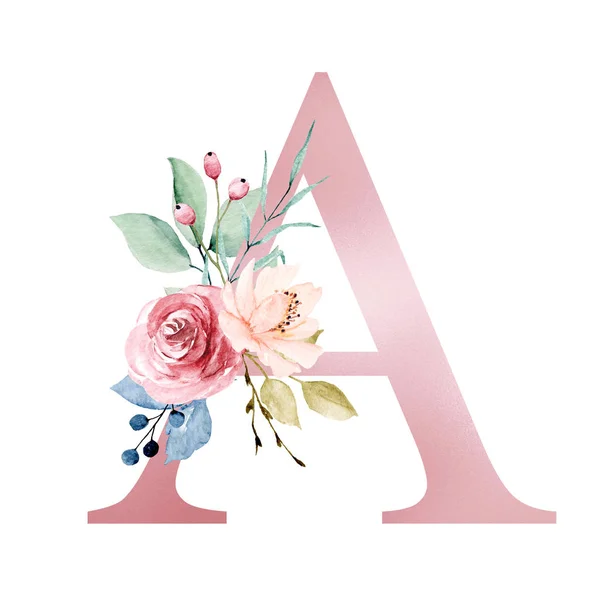 floral monogram, letter A watercolor painting with flowers and leaves