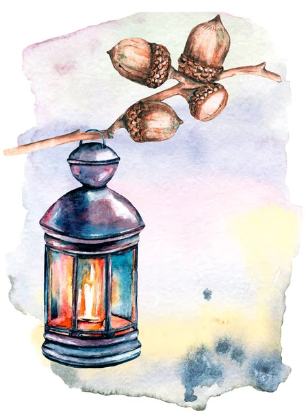 Lanterna Vela Castiçal Bolota Conceito Natal Aquarela — Fotografia de Stock
