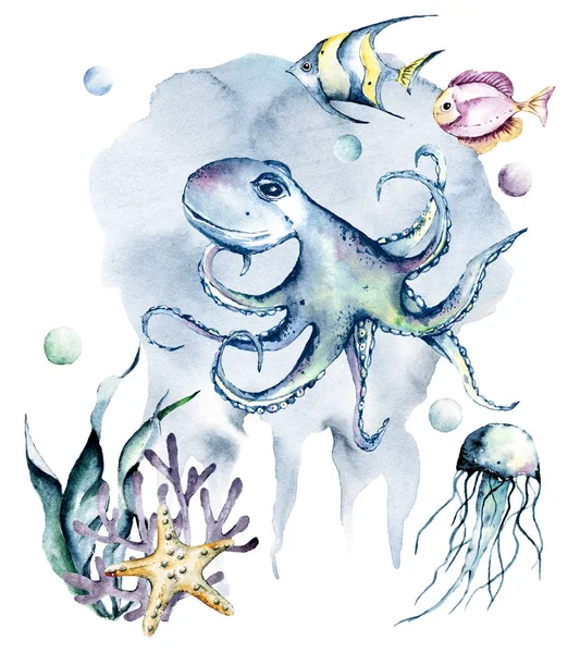 Balık karikatürü deniz konseptli suluboya ahtapot. Su altı hayvanları ve okyanus yaşamı.