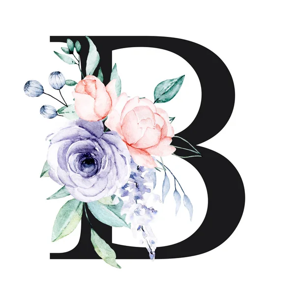 Sulu çiçekli ve yapraklı güzel çiçek harfi B