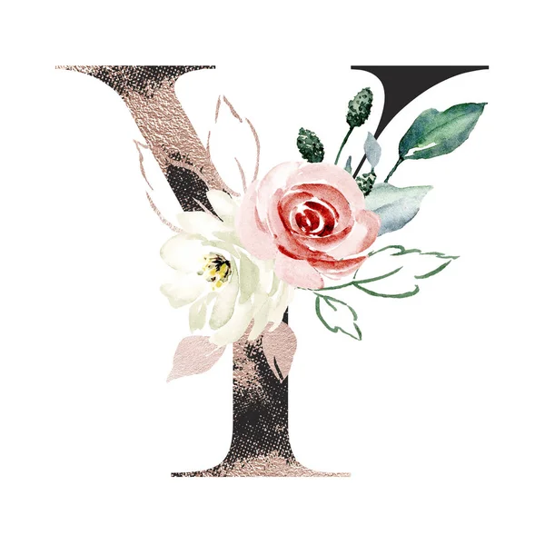 suluboya resim, çiçek ve yapraklı Y harfi, çiçek alfabesi.