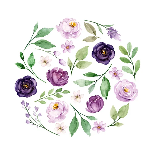 Blommig Cirkel Med Akvarell Sommar Blommor Och Blad Isolerade Vit — Stockfoto