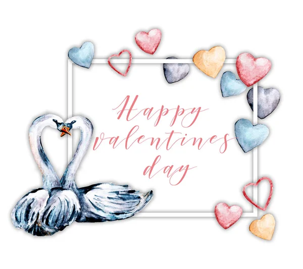 Cartão Presente Feliz Dia Dos Namorados Com Casal Cisnes Pintura — Fotografia de Stock