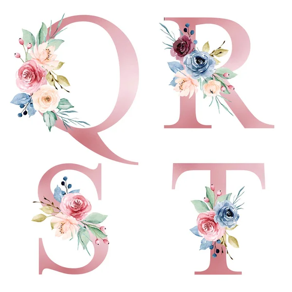 floral alphabet, letters Q, R, S, T with watercolor flowers, creative art design, monogram initials