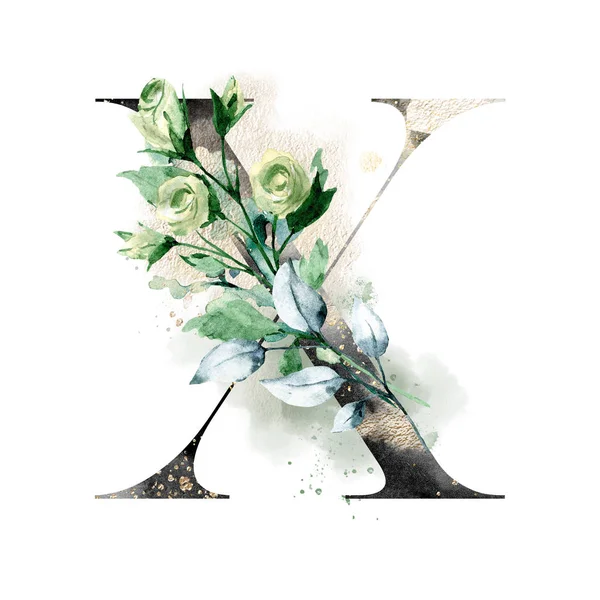 El çizimi suluboya resim, çiçekli X harfi.