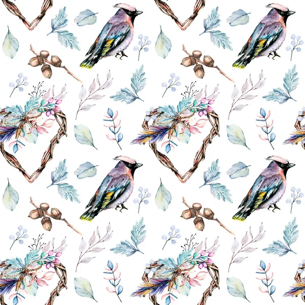 Seamless Vintage Retro Pattern Watercolor Birds Wreaths Leaves Hand Drawn — Stock Photo, Image