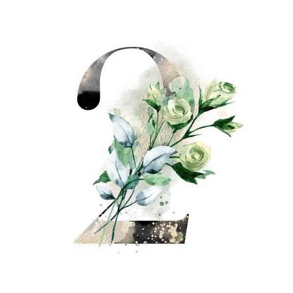 number 2 on white background, with flowers and leaves made with watercolor, floral monogram