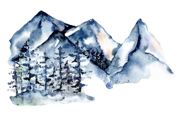watercolor drawing concept with snowy mountains and trees 
