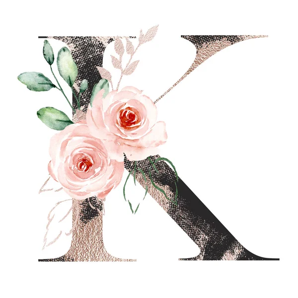 Watercolor Art Painting Letter Flowers Leaves Floral Alphabet — 스톡 사진