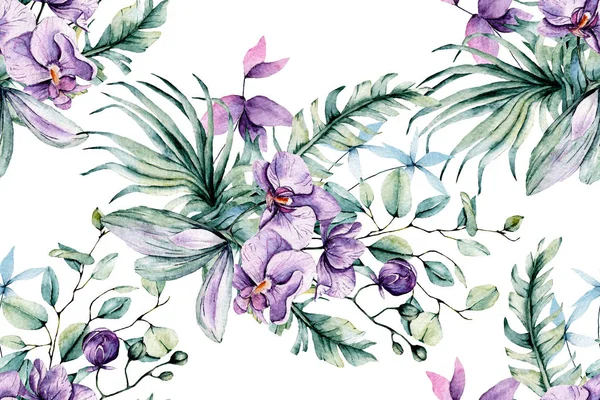 Seamless Pattern Watercolor Flowers Leaves Art Painting Design — Stock Photo, Image