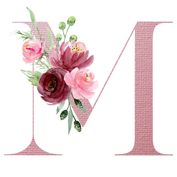 Aquarel Kunst Schilderen Letter Met Bloemen Bladeren Bloemen Alfabet — Stockfoto