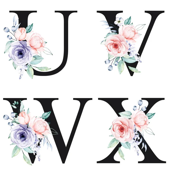 Floral Alphabet Letters Watercolor Flowers Creative Art Design Monogram Initials — 图库照片