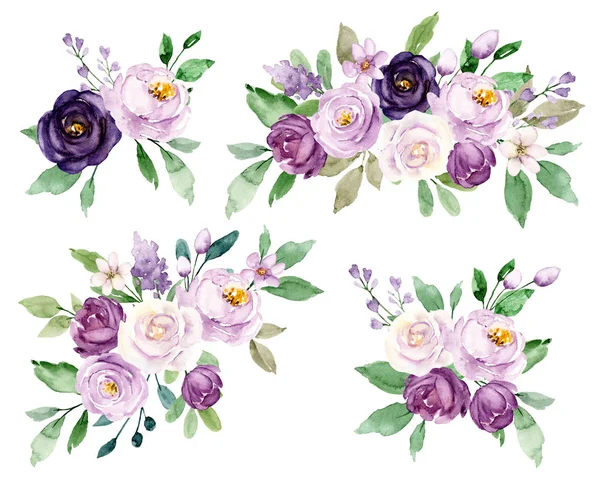 Floral collection with watercolor flowers, set of colorful bouquets