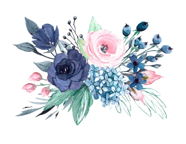 Flori Frumoase Acuarelă Compoziție Botanică Pentru Nuntă Sau Felicitare — Fotografie, imagine de stoc