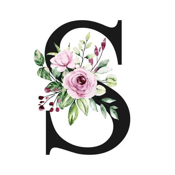 Hand Drawn Watercolor Art Painting Capital Letter Floral Elements — 스톡 사진