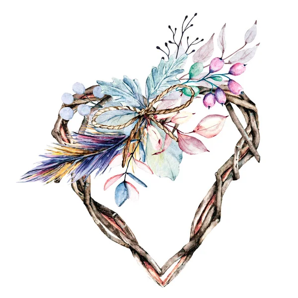 Çiçekli suluboya kalp çelengi, romantik dekorasyon, el çizimi.