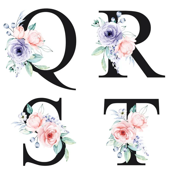 floral alphabet, letters Q, R, S, T with watercolor flowers, creative art design, monogram initials