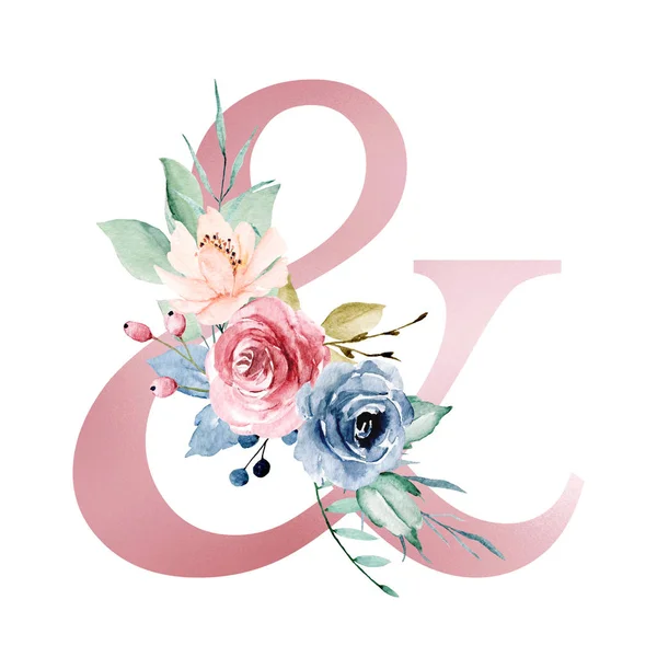 Símbolo Ampersand Con Elementos Florales Acuarela Pintura Arte Sobre Fondo — Foto de Stock